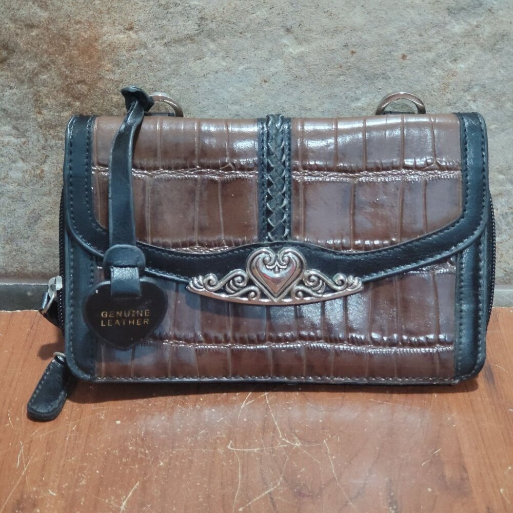 Brown Croc Embossed Clutch Leather Silver Tone Heart-Buckle